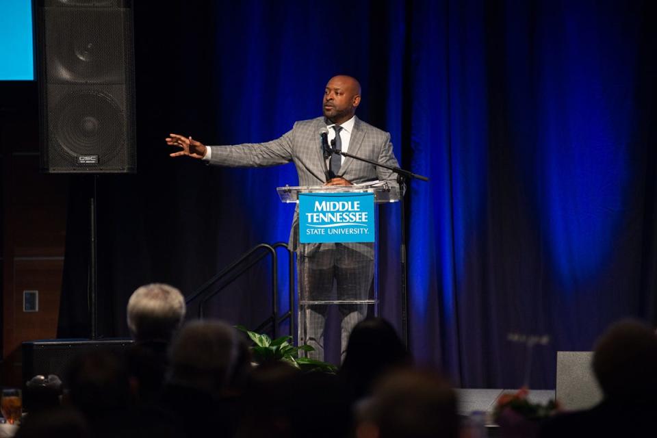 Flashback to 2020: Rev. James McCarroll, pastor of First Baptist Church on East Castle Street in Murfreesboro, delivers a powerful message during the 24th annual Unity Luncheon at MTSU in the Student Union Ballroom.
