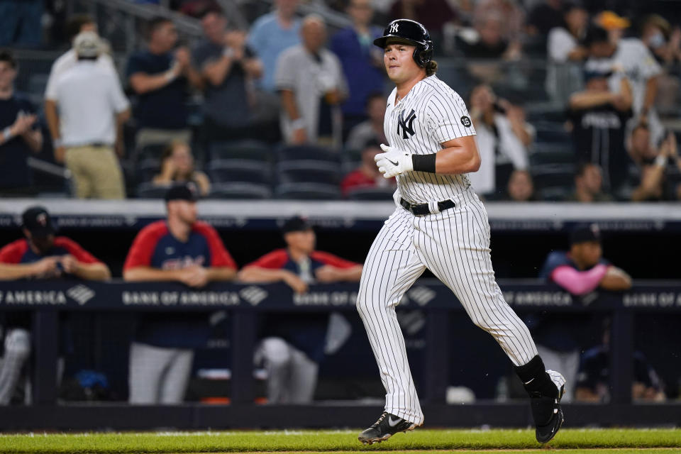 New York Yankees' Luke Voit runs the bases after hitting a home run during the seventh inning of the team's baseball game against the Minnesota Twins on Friday, Aug. 20, 2021, in New York. (AP Photo/Frank Franklin II)