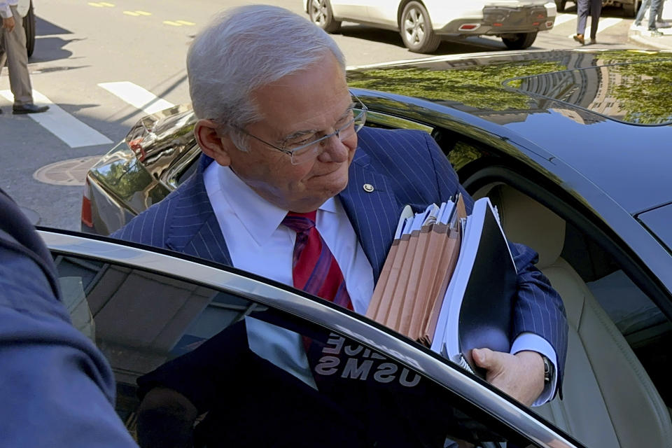 U.S. Sen. Bob Menendez, D-N.J., leaves federal court following the day's proceedings in his bribery trial, Friday, June 28, 2024, in New York. Prosecutors rested on Friday after presenting evidence for seven weeks at the bribery trial of Menendez, enabling the Democrat and two New Jersey businessmen to begin calling their own witnesses next week to support defense claims that no crimes were committed and no bribes were paid. (AP Photo/Larry Neumeister)