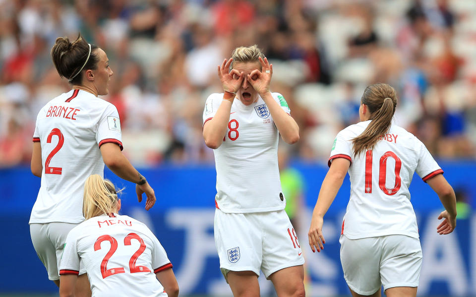 NICE, FRANCE - JUNE 09: Ellen White of England celebrates with teammates after scoring her team's second goal during the 2019 FIFA Women's World Cup France group D match between England and Scotland at Stade de Nice on June 09, 2019 in Nice, France. (Photo by Marc Atkins/Getty Images)