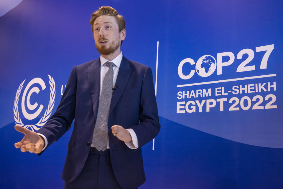 Jason Boberg, a member of the disability caucus and a founder of the disability climate action network SustainedAbility, speaks at the COP27 U.N. Climate Summit in Sharm el-Sheikh, Egypt, Sunday, Nov. 6, 2022. Boberg told The Associated Press in an interview days before he departed for COP27 that he's seen pro-disability rights language in draft text of negotiations at previous conferences, including language about funding disability rights organizations to do climate action work. But that language has been cut from final agreements at the negotiations. (AP Photo/Nariman El-Mofty)