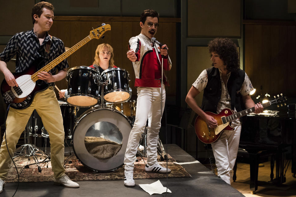 This image released by Twentieth Century Fox shows Joe Mazzello, from left, Ben Hardy, Rami Malek and Gwilym Lee in a scene from "Bohemian Rhapsody." The cast was nominated for a SAG Award for best ensemble. The SAG Awards will be held Jan. 27 and broadcast live by TNT and TBS. This year's show will honor Alan Alda with the Screen Actors Guild Life Achievement Award. (Alex Bailey/Twentieth Century Fox via AP)