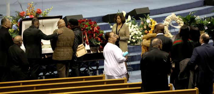 Mourners pay respects during the family hour at the funeral service for Barrett Strong, a Motown singer and songwriter who died on Jan. 28, 2023. The service was held at Greater Grace Temple in Detroit on Saturday, March 4, 2023.