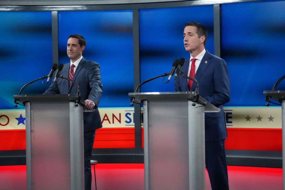 Ohio Secretary of State Frank LaRose and Cleveland businessman Bernie Moreno take part in a Republican debate at Fox 8 studio in Cleveland on Jan. 22.