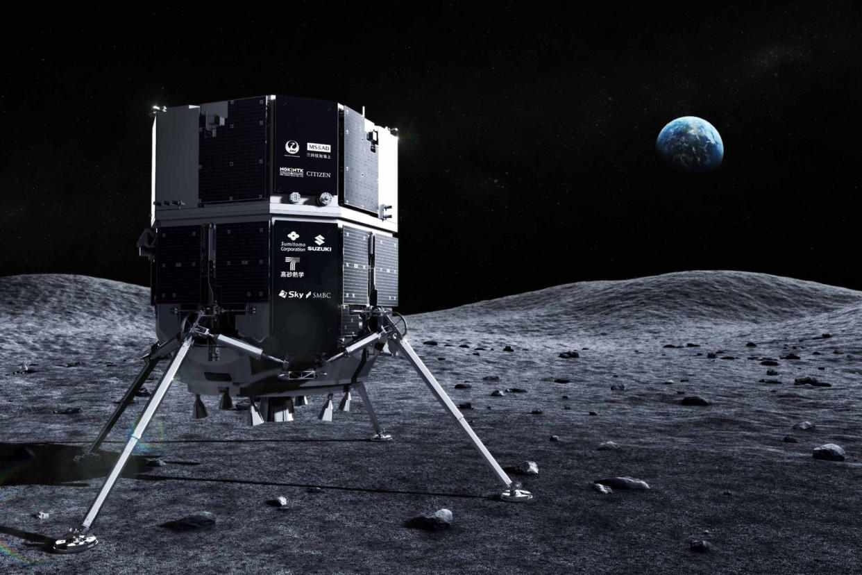 An artist's concept of the HAKUTO-R Mission 1 lunar lander on the Moon. (Courtesy ispace via Facebook)