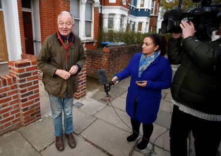 Former London Mayor Ken Livingstone speaks to members of the media as he leaves his home in London, Britain April 29, 2016. REUTERS/Peter Nicholls