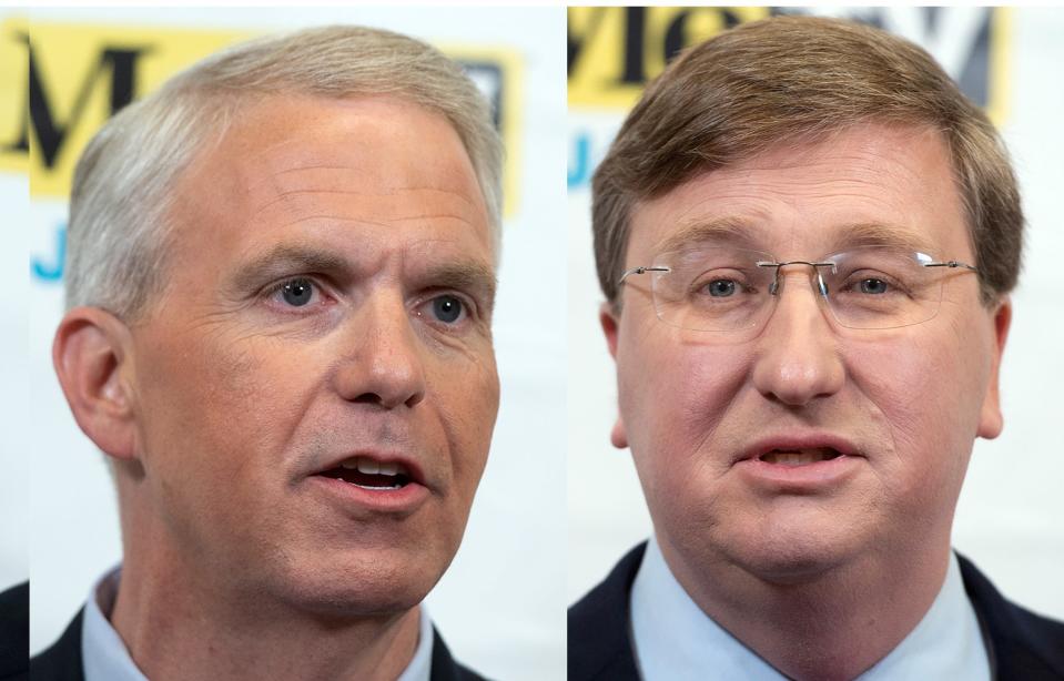 Democratic gubernatorial candidate Brandon Presley, left and incumbent Republican candidate Tate Reeves met Wednesday, Nov. 1, 2023, to debate before the Nov. 7 election. The event was aired on WAPT in Jackson, Miss.