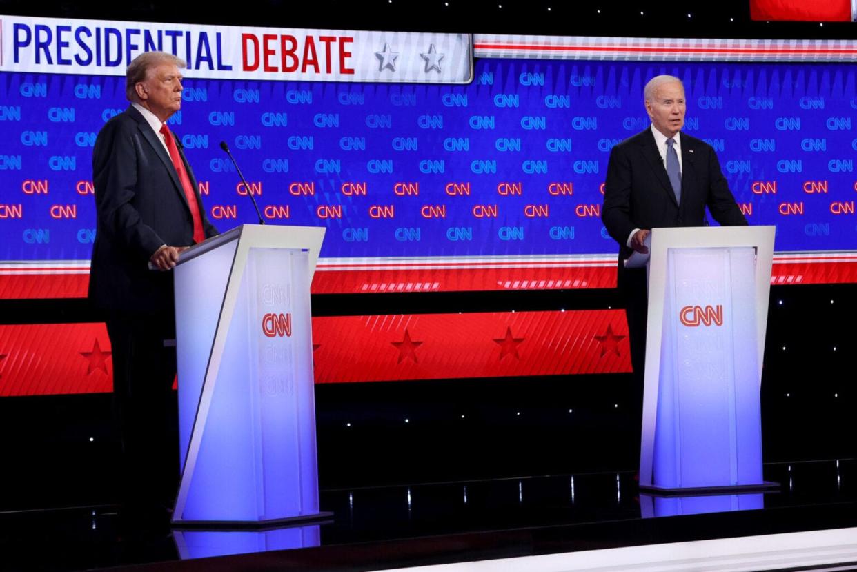 ATLANTA, GEORGIA - JUNE 27: U.S. President Joe Biden (R) and Republican presidential candidate, former U.S. President Donald Trump participate in the CNN Presidential Debate at the CNN Studios on June 27, 2024 in Atlanta, Georgia. President Biden and former President Trump are facing off in the first presidential debate of the 2024 campaign.