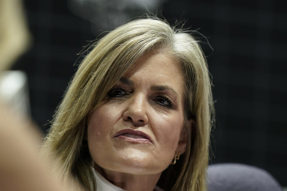 Texas Tech coach Krista Gerlich addresses the media during the NCAA college Big 12 women's basketball media day Tuesday, Oct. 17, 2023, in Kansas City, Mo. (AP Photo/Charlie Riedel)