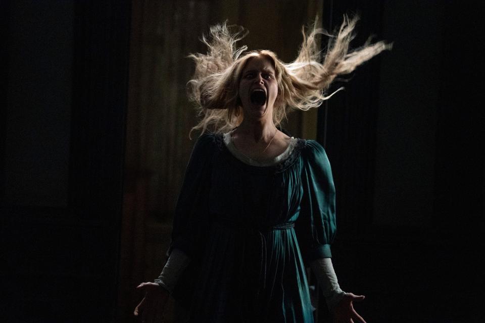 Blond woman screams in still from Guillermo Del Toro's Cabinet of Curiosities. Image via Netflix