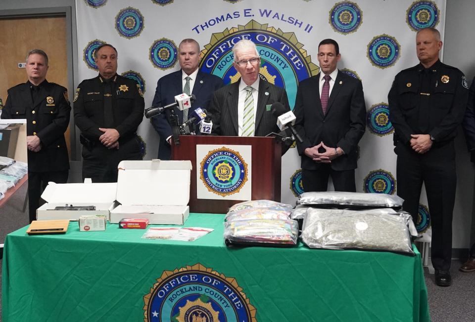 Rockland District Attorney Thomas Walsh announces the arrest of two residents from Congers for possession a controlled substance and two handguns during a press conference at the district attorney's office in New City on Wednesday.