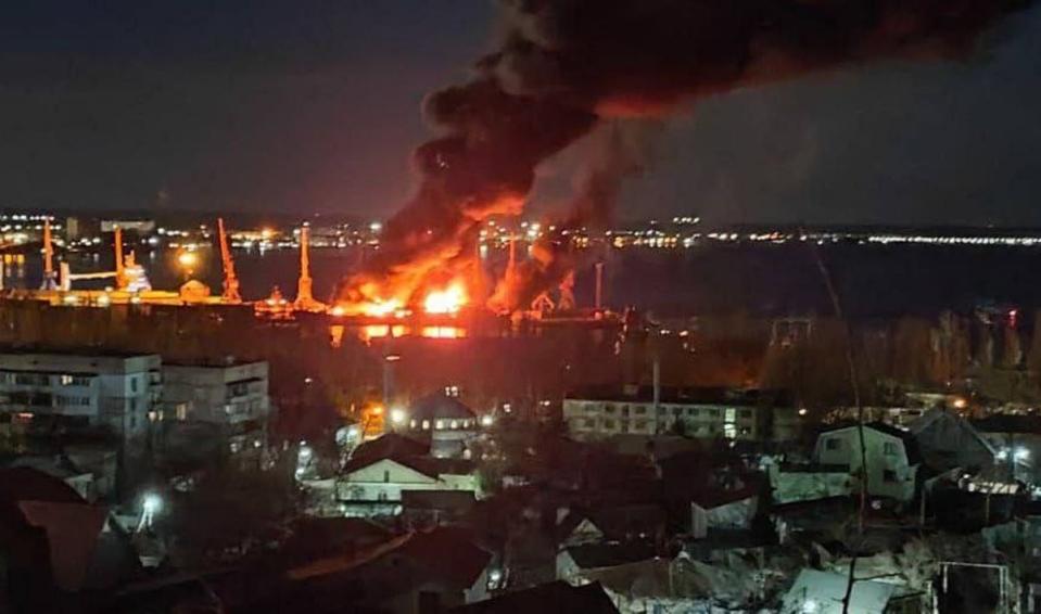 A huge fireball could be seen in the port of Feodosia, where the Novocherkassk was docked (Sourced)