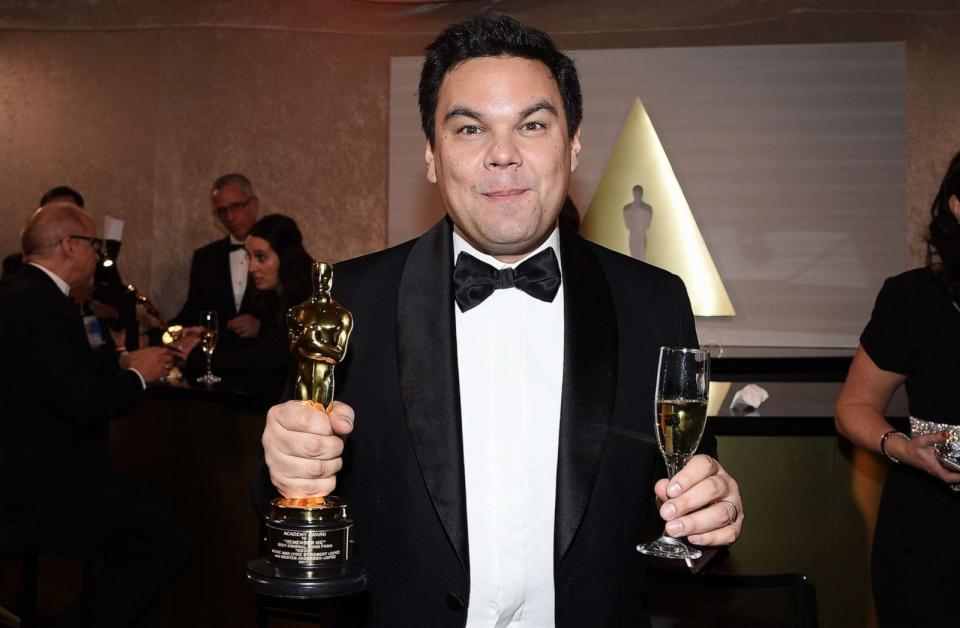 PHOTO: Academy Award winner Robert Lopez poses with award for Best Original Song 'Remember Me' for 'Coco' at the 90th Annual Academy Awards, Mar. 4, 2018, in Hollywood, Calif. (Kevork Djansezian/Getty Images)