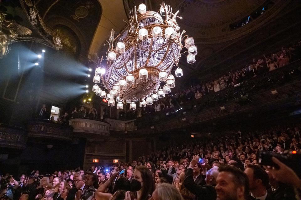 The chandelier is lowered during the "Phantom" curtain call on Sunday, April 16, 2023.