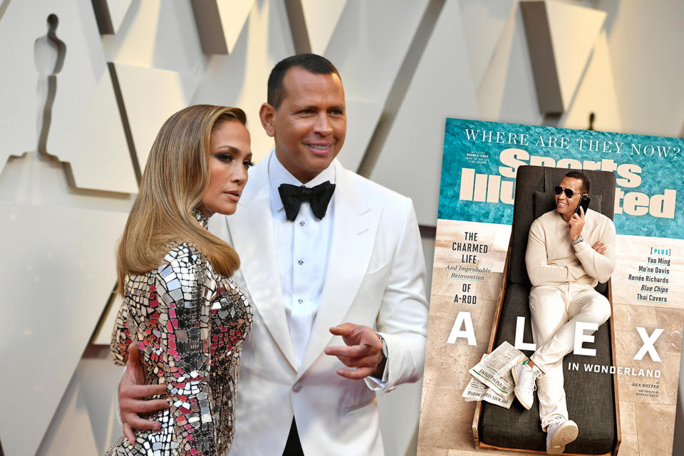 Alex Rodriguez poses with his fiancee Jennifer Lopez at an event. (Getty Images)