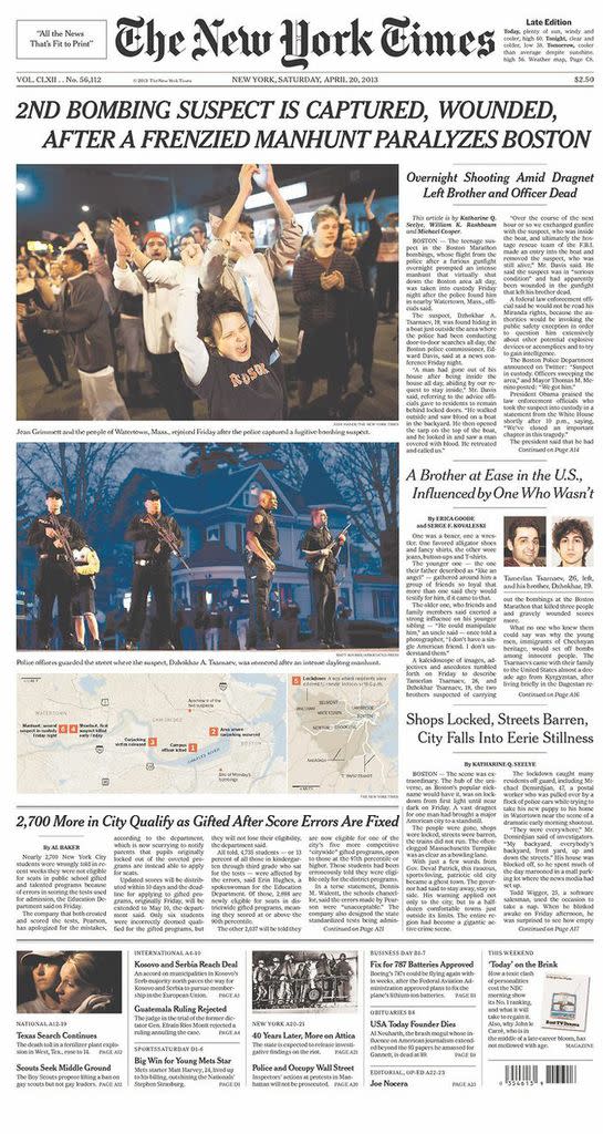 Newspaper covers of Boston bombing suspect's arrest