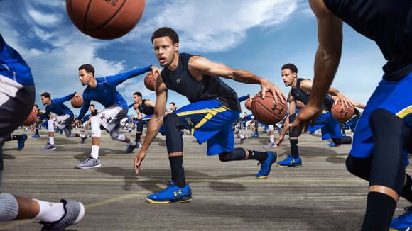 Mosaic of Steph Curry pictures dribbling basketballs and prominently featuring Under Armour footwear.