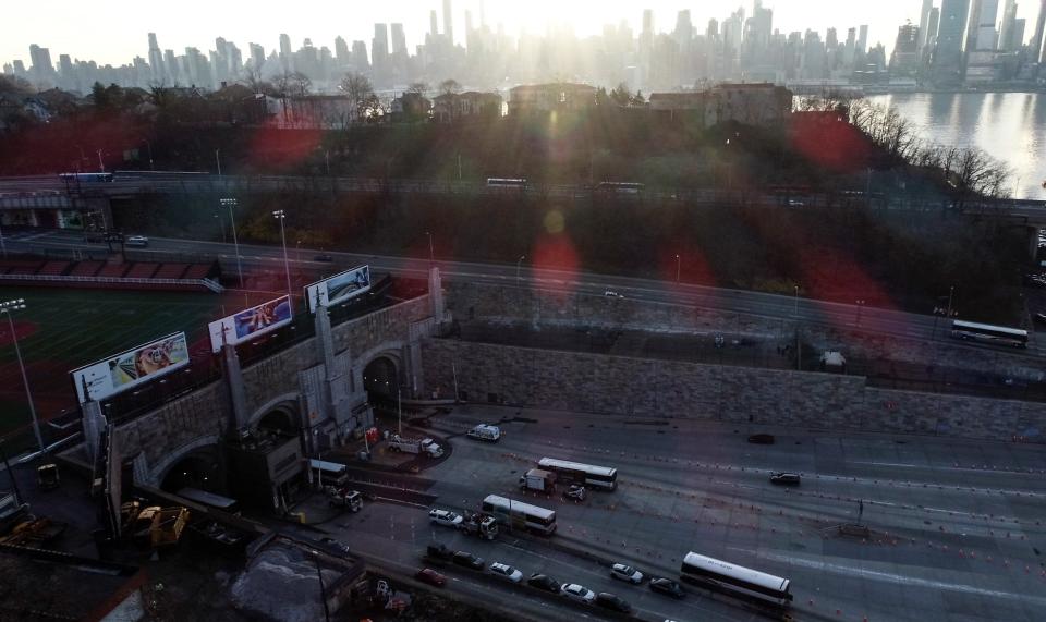 March 18, 2020; Weehawken, NJ, USA: Aerial view of the Lincoln Tunnel entrance during a sparse morning commute as the coronavirus outbreak has led many people to work from home.