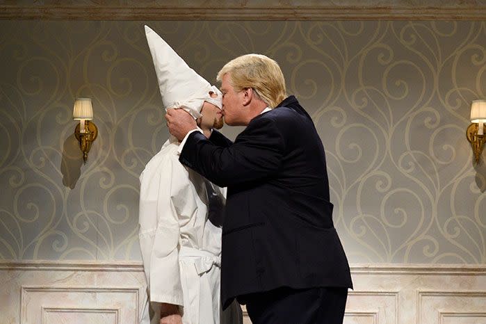 The Ku Klux Klan supported Trump throughout the campaign trail, even Saturday Night Live created a humorous clip about their support during the campaign. Image: Getty