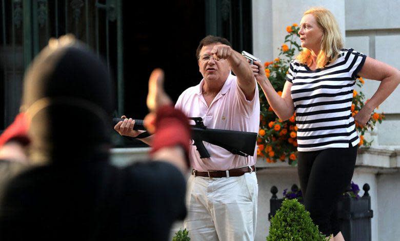 Patricia McCloskey, right, an Ohioville native, made national headlines last month when she and her husband Mark McCloskey, left, took up arms to defend their St. Louis home amid a protest for racial equality.