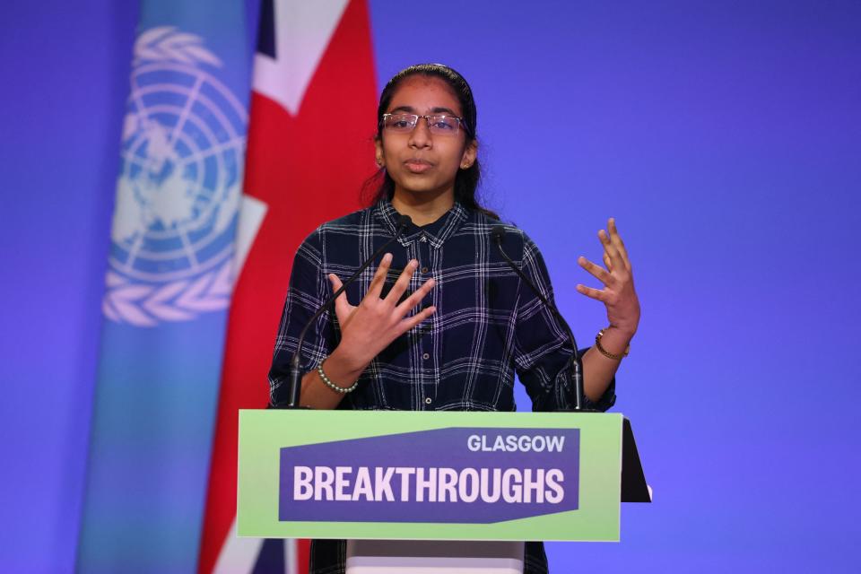 Earthshot Prize finalist Vinisha Umashankar speaks during the World Leaders' Summit 