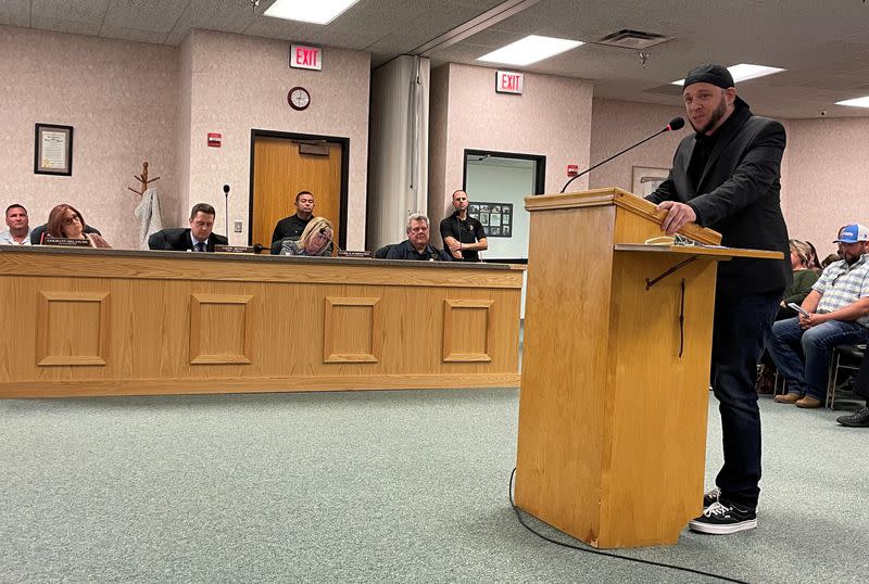 Anti-abortion activist Mark Lee Dickson speaks before the city commission in Clovis