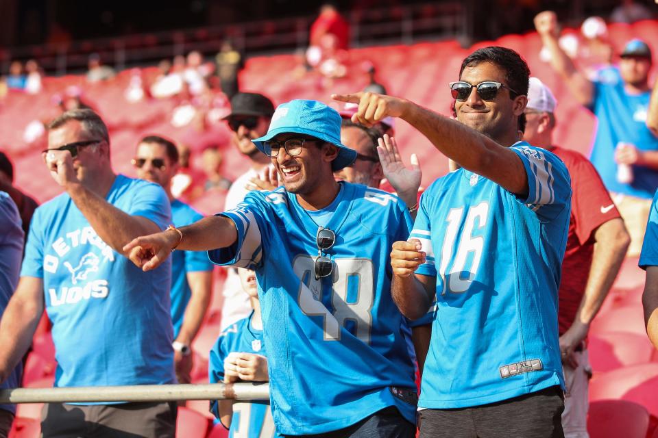 Detroit Lions cheer as players take the field for warm up ahead of the season opener against the Kansas City Chiefs at Arrowhead Stadium in Kansas City, Mo. on Thursday, Sept. 7, 2023.