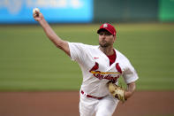 St. Louis Cardinals starting pitcher Adam Wainwright throws during the first inning of a baseball game against the New York Mets Monday, May 3, 2021, in St. Louis. (AP Photo/Jeff Roberson)