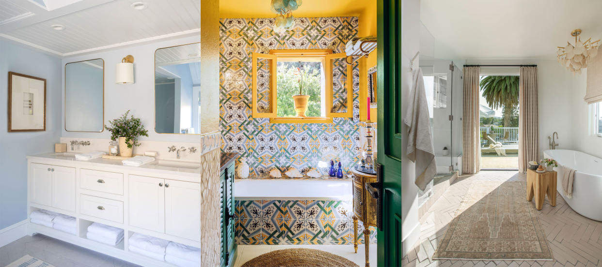  Three examples of coastal bathroom ideas. Blue and white bathroom with double vanity. Colorful yellow and green bathroom with patterned walls. Serene neutral bathroom with large windows looking outdoors. 