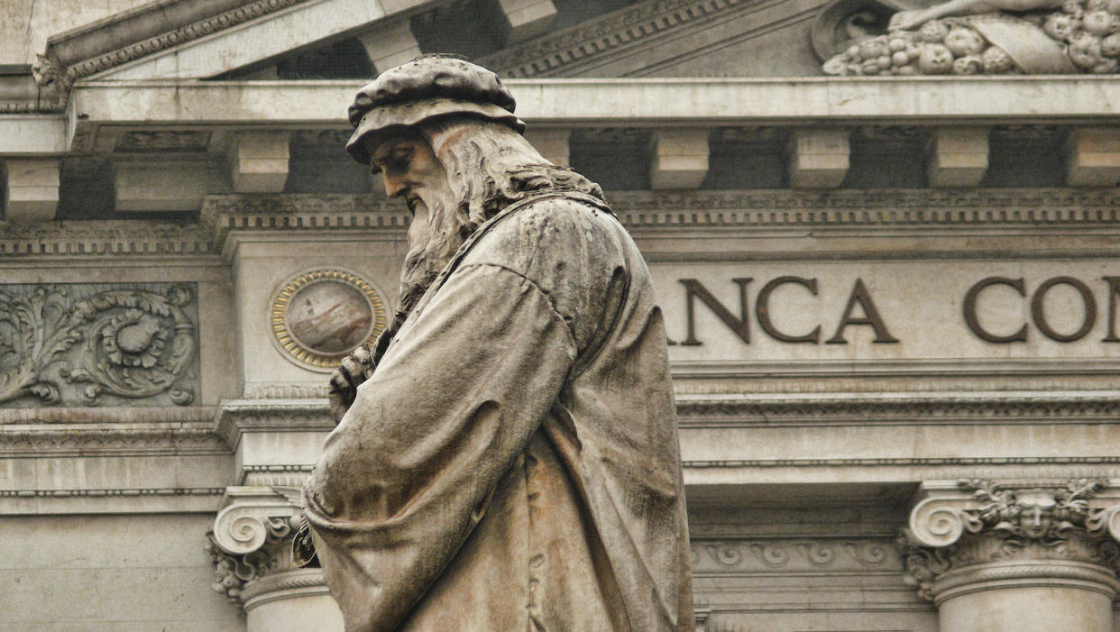  A statue of Leonardo da Vinci by Italian sculpture Pietro Magni in Milan's Piazza della Scala. 