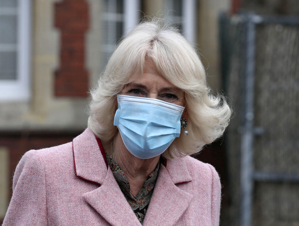 Britain's Camilla, Duchess of Cornwall wearing a protective face covering to combat the spread of the coronavirus, leaves after a visit to the Community Vaccination Centre at St Pauls Church in Croydon, in south London on March 3, 2021. - The Duchess met with NHS staff, clinicians, administrators, volunteer marshals and representatives from the church positioned throughout the church to support those receiving vaccines. (Photo by Steve Parsons / POOL / AFP) (Photo by STEVE PARSONS/POOL/AFP via Getty Images)