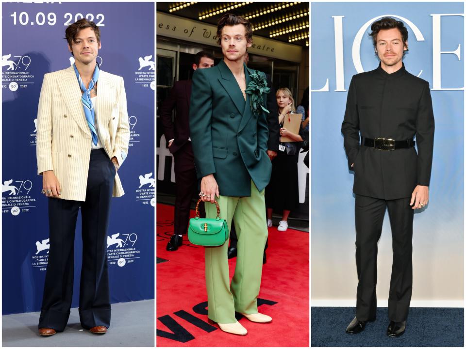 Harry Styles at the Venice Film Festival, the Toronto Film Festival, and the Los Angeles premiere of "My Policeman" in 2022.