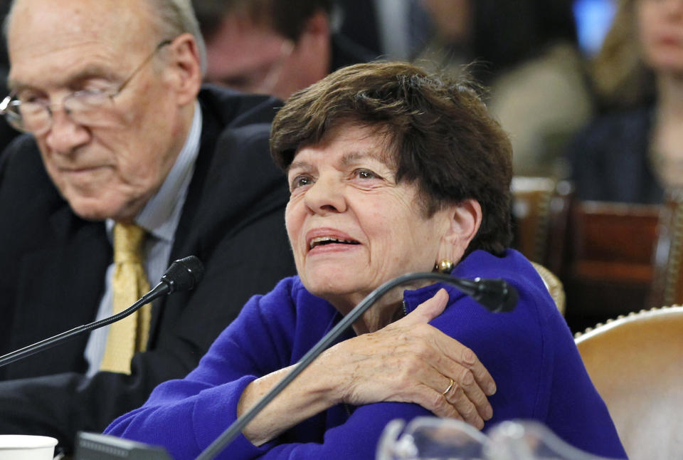 Alice Rivlin, right, a former White House budget director and recently a member of President Obama's debt commission, answers questions from the deficit supercommittee during a hearing on Capitol Hill in Washington, Tuesday, Nov. 1, 2011. At left is former Sen. Alan Simpson, R-Wyo., who co-chaired the Obama debt commission.  (AP Photo/J. Scott Applewhite)