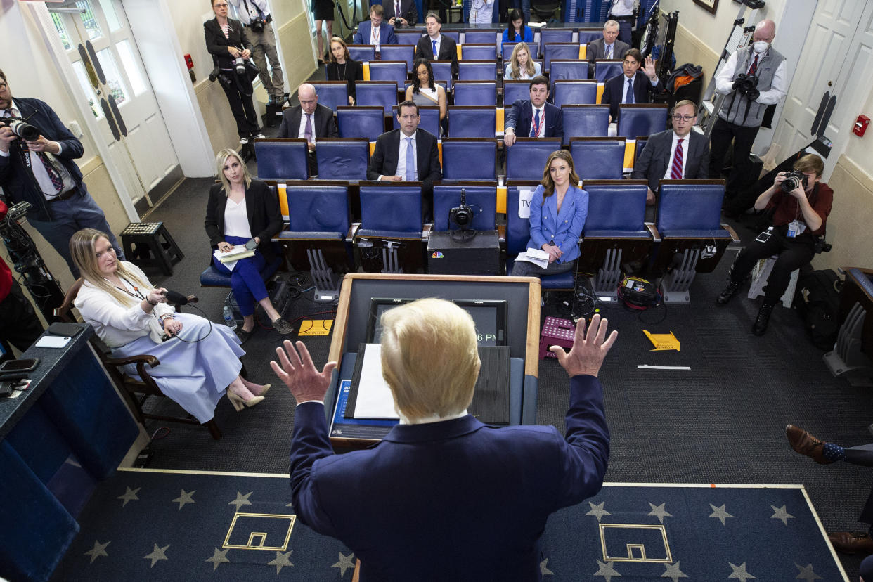 President Donald Trump speaks about the coronavirus in the James Brady Press Briefing Room of the White House, on April 6, 2020, in Washington. (Alex Brandon/AP)