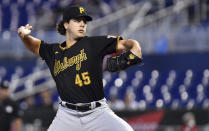 Pittsburgh Pirates pitcher Max Kranick (45) delivers against the Miami Marlins during the second inning of a baseball game, Sunday, Sept. 19, 2021, in Miami. (AP Photo/Jim Rassol)