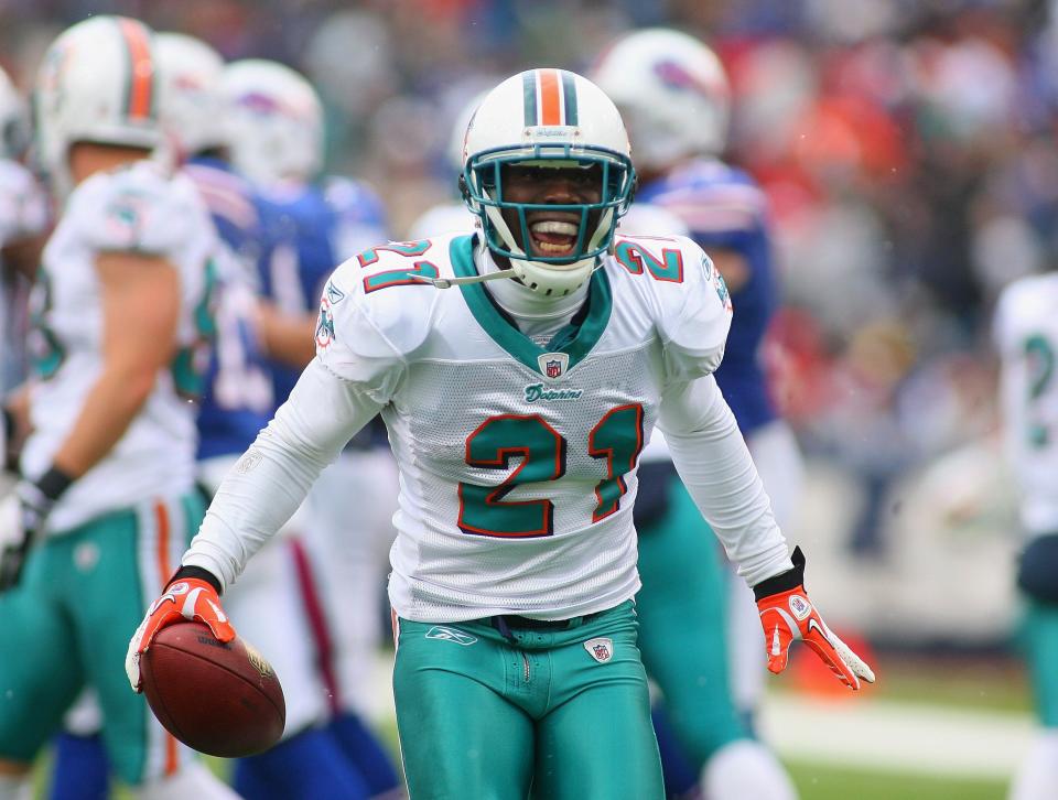 Dolphins cornerback Vontae Davis celebrates an interception against the Buffalo Bills in 2011.