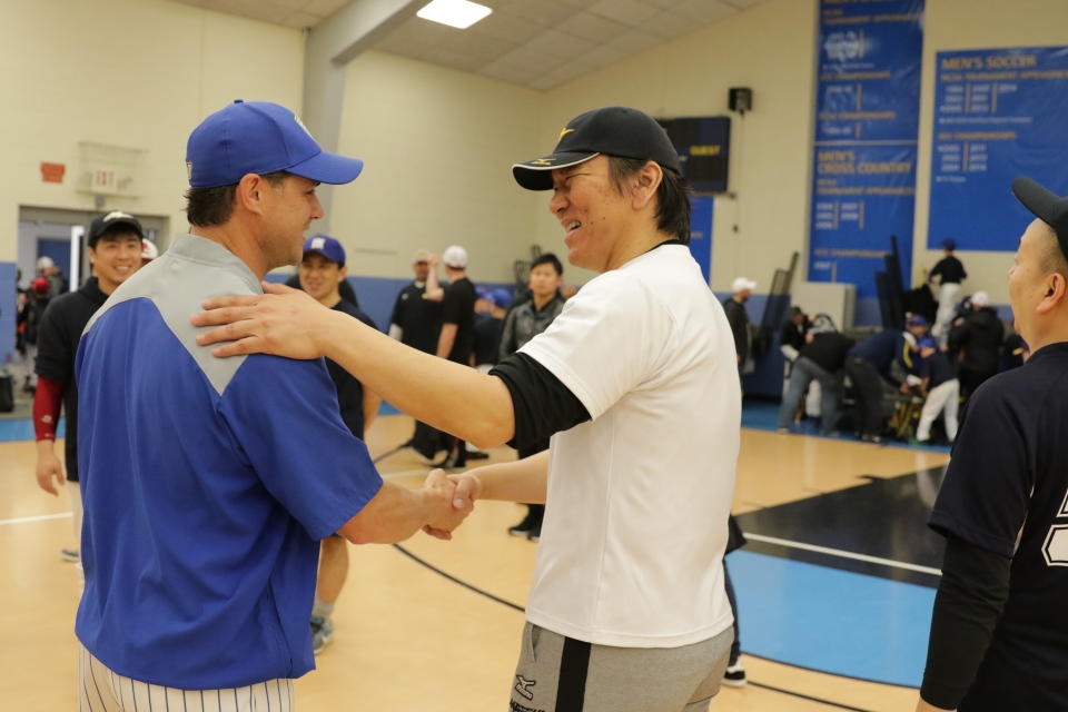 Former AL East rival Hideki Matsui stopped by one of Catalanotto's practices. (courtesy of Adam Rubin)