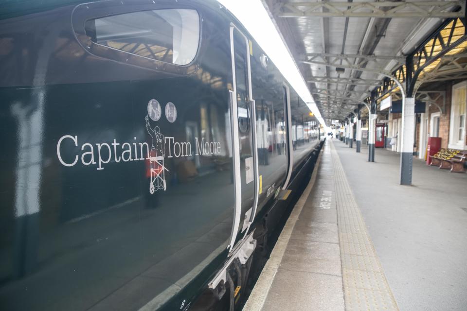 A Great Western Railway train, recently named ‘Captain Tom Moore’, terminates at Worcester Shrub Hill station in Worcester, Worcestershire, after its first day in service. The GWR Intercity Express Train, that is named in honour of the veteran who has raised more than £32 million for NHS Charities Together, has re-entered service on his 100th birthday.
