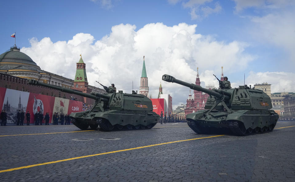 Russian self-propelled artillery vehicles roll during the Victory Day military parade in Moscow, Russia, Monday, May 9, 2022, marking the 77th anniversary of the end of World War II. (AP Photo/Alexander Zemlianichenko)