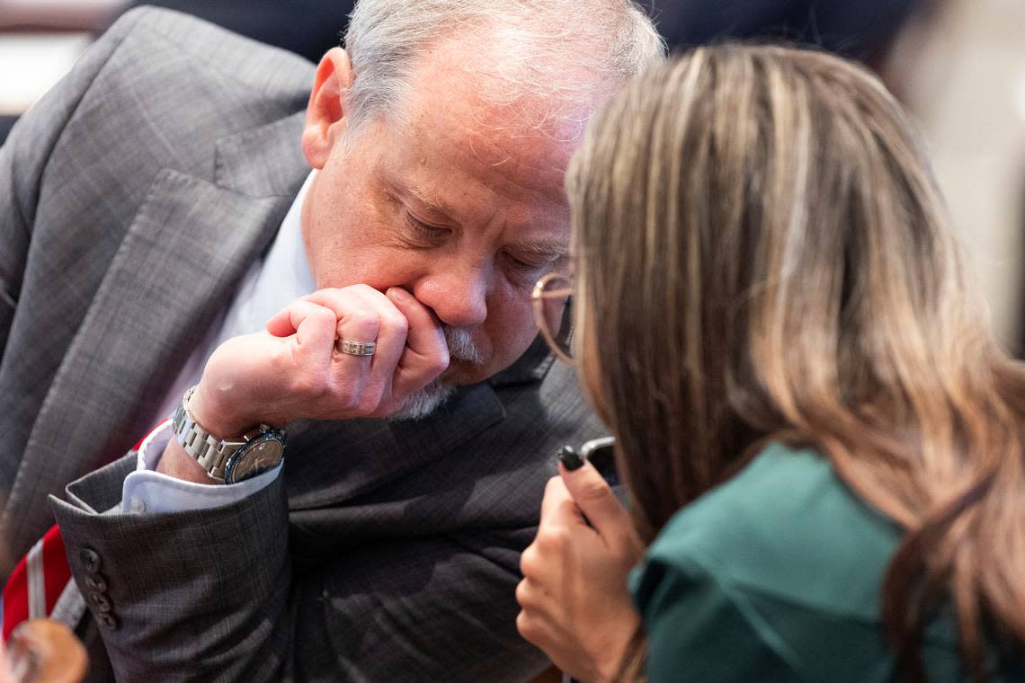 Creighton Waters sits with the rest of the prosecution team as jury selection continues for Alex Murdaugh’s trial at the Colleton County Courthouse in Walterboro, S.C., Tuesday, Jan. 24, 2023. Murdaugh, 54, faces 30 years to life in prison if convicted of murder in the deaths of his wife Maggie, 52, and their son, Paul, 22. (Joshua Boucher/The State via AP, Pool)