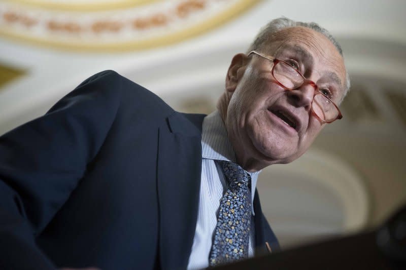Senate majority leader Chuck Schumer, D-N.Y., said Thursday night that the U.S. House of Representatives should look to his congressional branch to learn to work in a bipartisan fashion. Photo by Bonnie Cash/UPI
