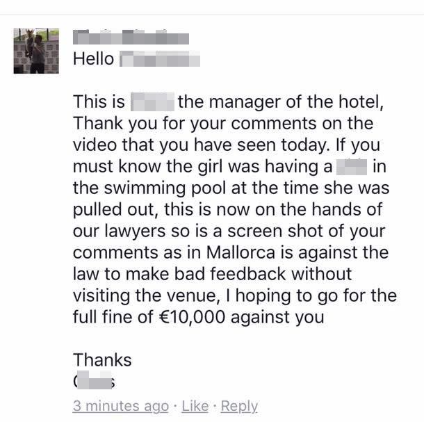 A man claiming to be the hotel's manager commented on the claims, the post has not been verified by the hotel. Photo: Facebook