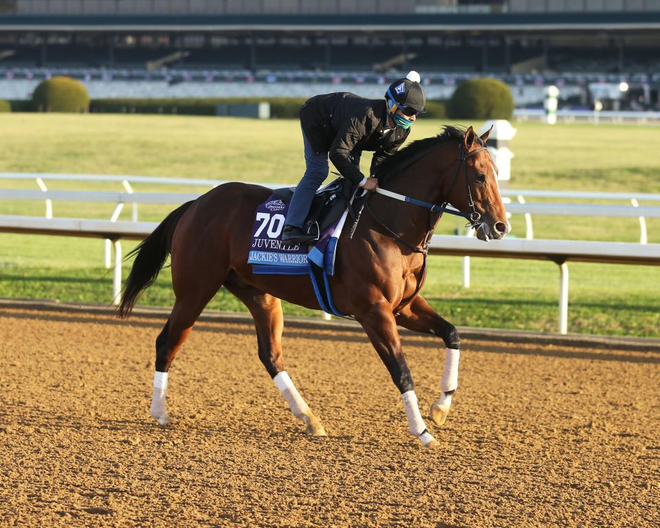 Jackie’s Warrior was out on the track at Keeneland Race Track in Lexington, Kentucky, on Thursday, Nov. 5, 2020. The horse returns to racing on Saturday in Arkansas.