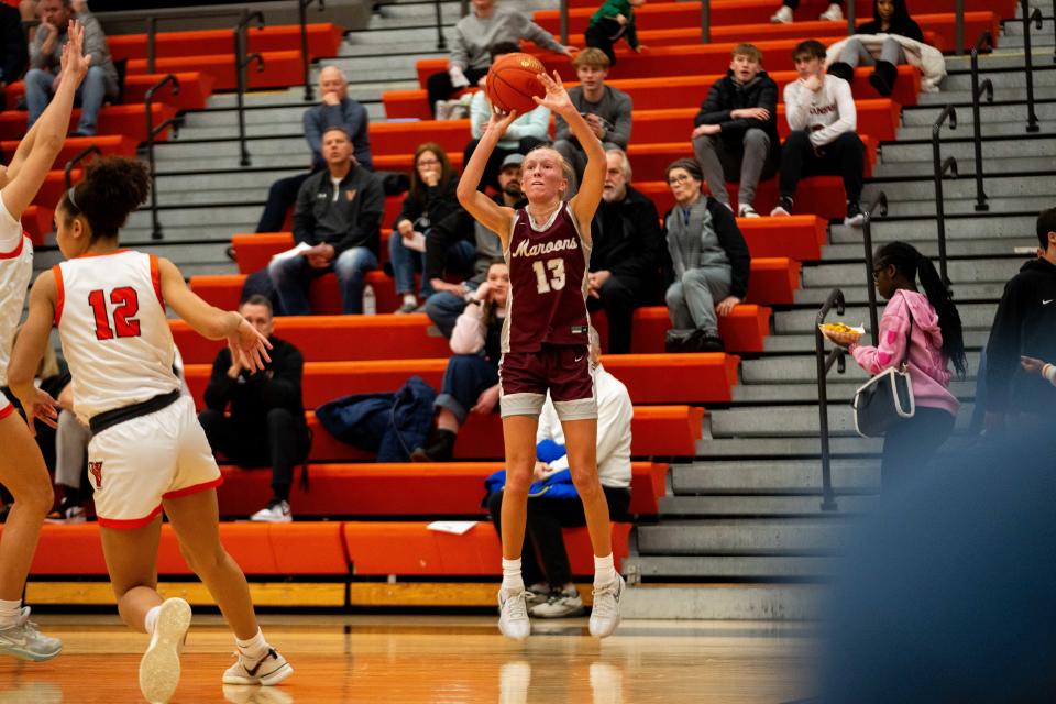 Dowling's Ava Zediker shoots a three during a game against Valley. She was a huge help in the Maroons having an impressive 3-0 week.