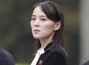 FILE - Kim Yo Jong, sister of North Korea's leader Kim Jong Un, attends a wreath-laying ceremony at Ho Chi Minh Mausoleum in Hanoi, Vietnam, on March 2, 2019. Kim Yo Jong on Thursday, June 1, 2023 accused the United States of "gangster-like" hypocrisy for criticizing her country’s failed launch of a military spy satellite and insisted that the North will follow with a successful launch soon. (Jorge Silva/Pool Photo via AP, File)