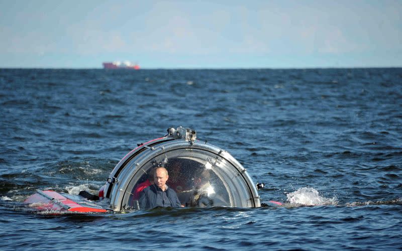 FILE PHOTO: Russia's President Vladimir Putin is seen through the glass of C-Explorer 5 submersible after a dive in the Baltic Sea