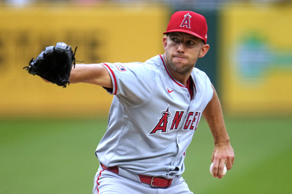 Los Angeles Angels starting pitcher Tyler Anderson delivers during the first inning of a baseball game against the Pittsburgh Pirates in Pittsburgh, Monday, May 6, 2024. (AP Photo/Gene J. Puskar)
