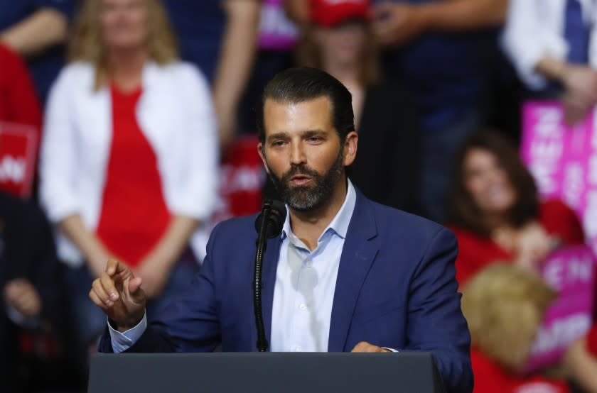 FILE - In this Thursday, March 28, 2019, file photo, Donald Trump Jr. speaks at a rally for President Donald Trump in Grand Rapids, Mich. The chairman of the Senate intelligence committee says the panel subpoenaed Donald Trump Jr. after he backed out of two interviews that were part of its Russia investigation. (AP Photo/Paul Sancya, File)