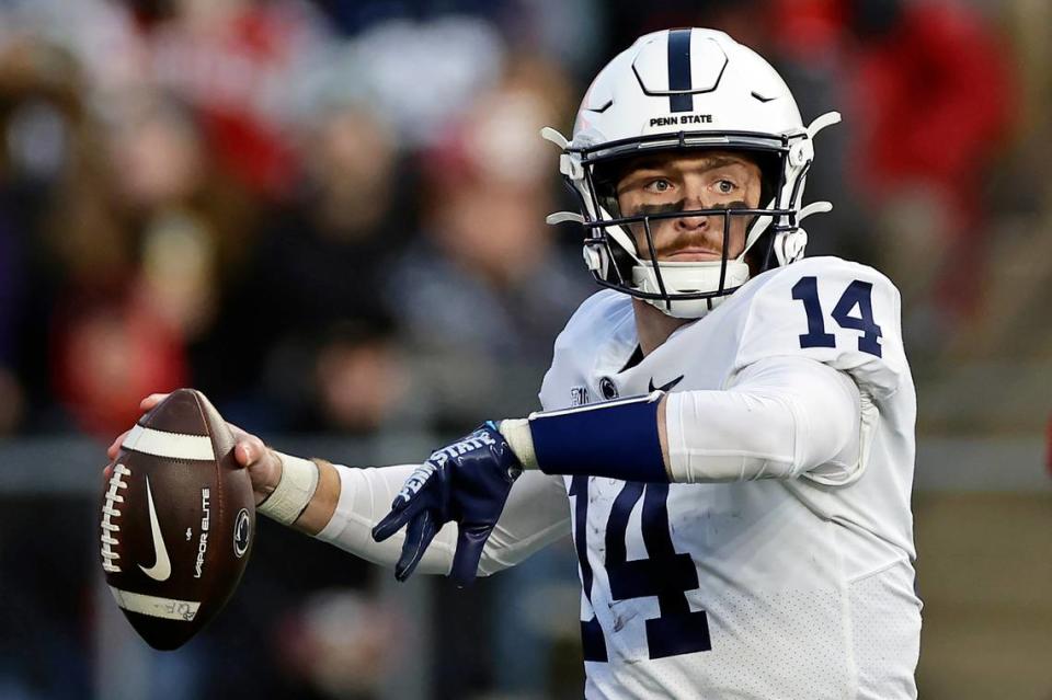 Penn State quarterback Sean Clifford (14) passes against Rutgers during the first half of an NCAA college football game Saturday, Nov. 19, 2022, in Piscataway, N.J.