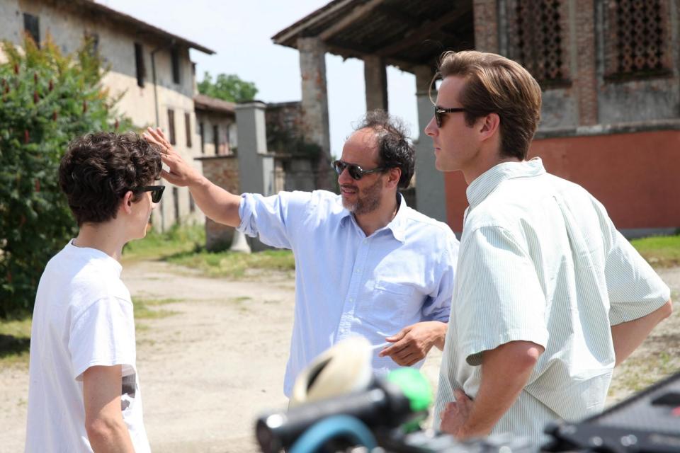 Call Me By Your Name Left to right: TimothÈe Chalamet, Director Luca Guadagnino and Armie Hammer on set